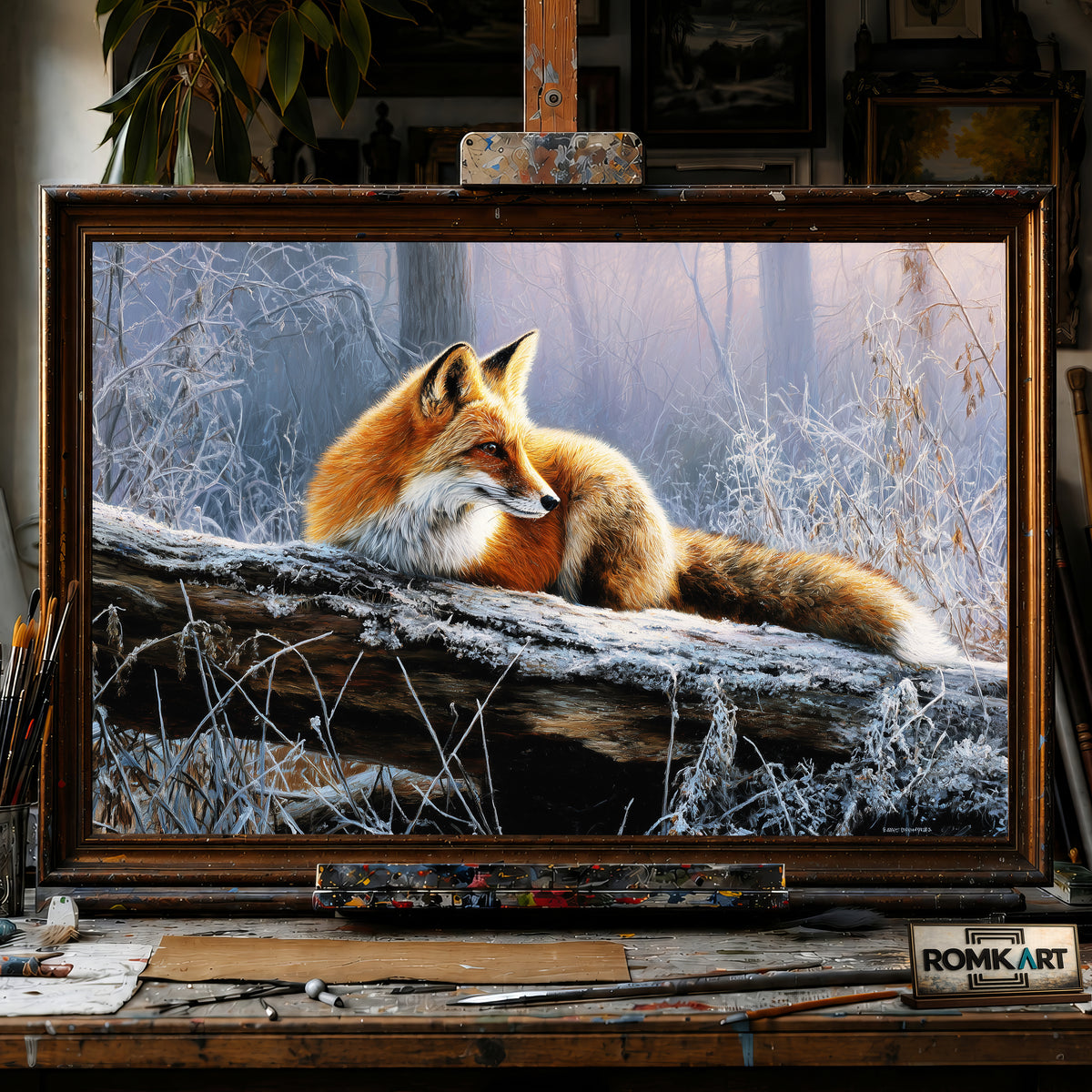 Red Fox on Fallen Tree hand-painted oil painting on canvas