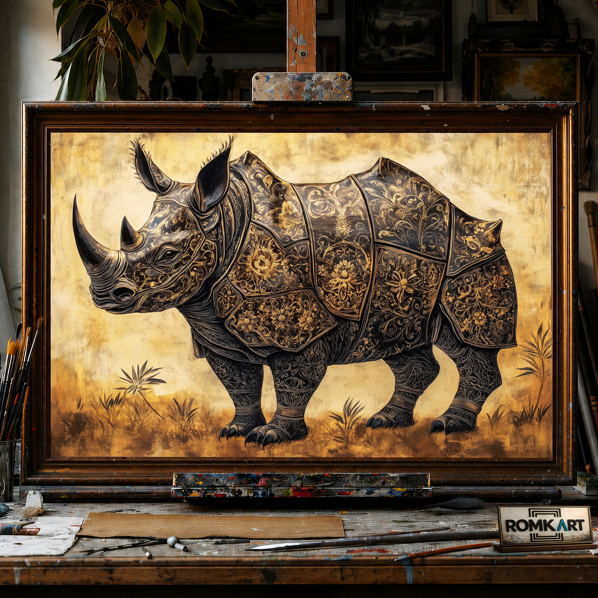 Rhinoceros Full Armor hand-painted oil painting on canvas