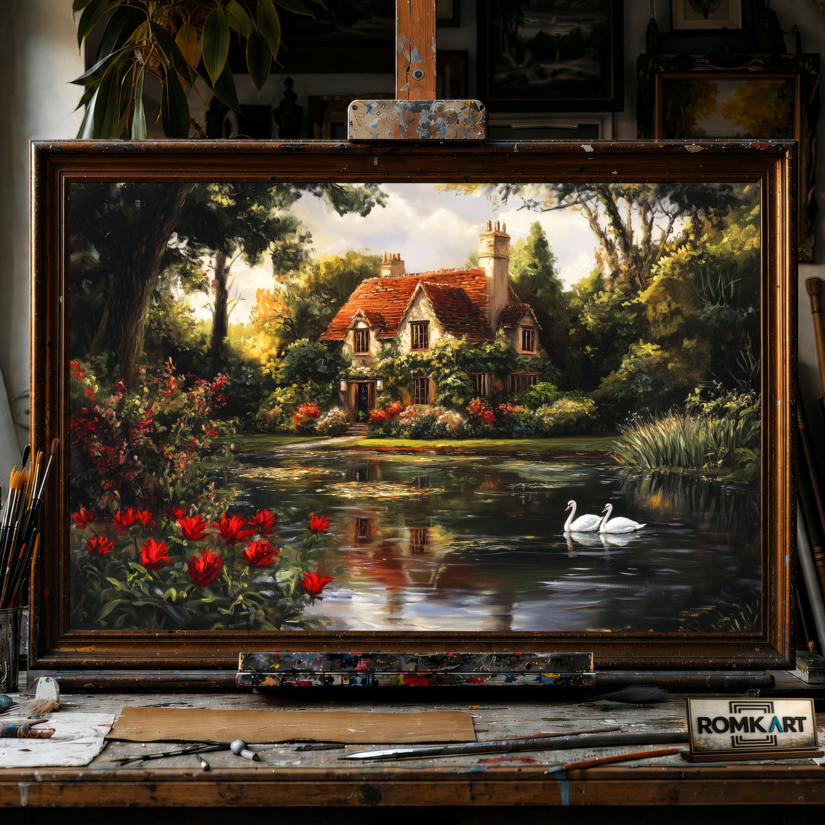 Romantic Lake House Cottage hand-painted oil painting on canvas