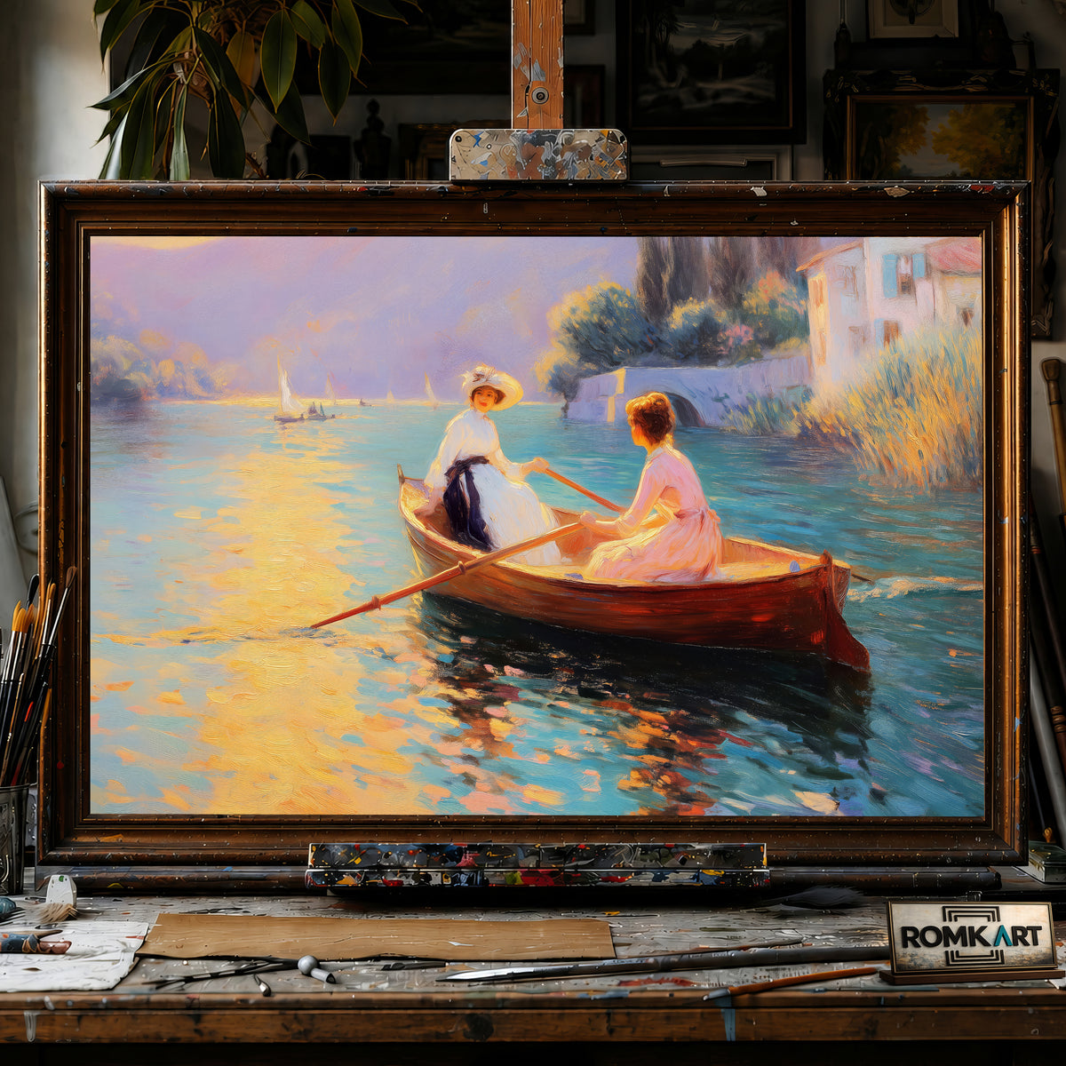 Rowing on Wooden Boat Maritime Oil Painting
