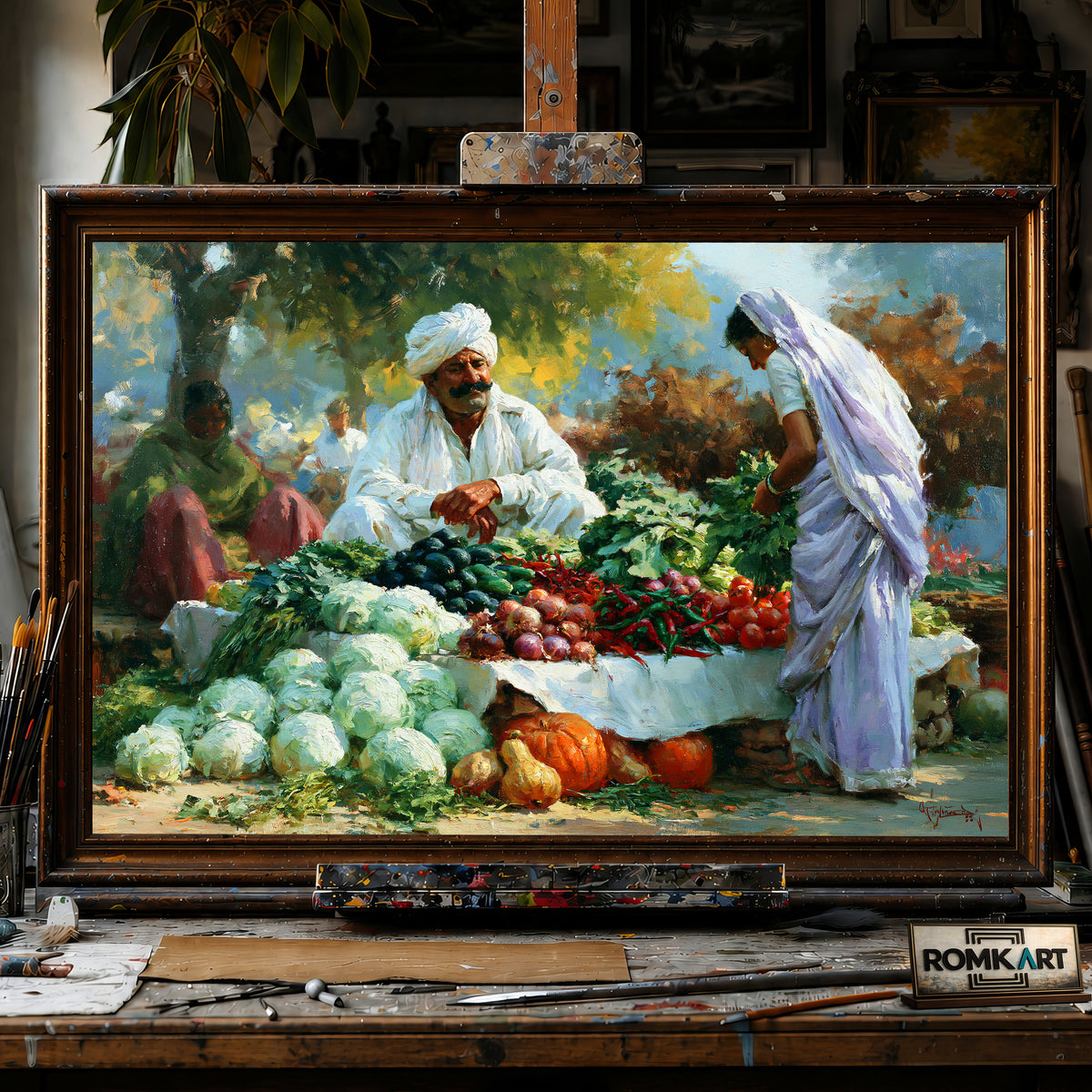 Rural Indian vegetable market hand-painted oil painting on canvas