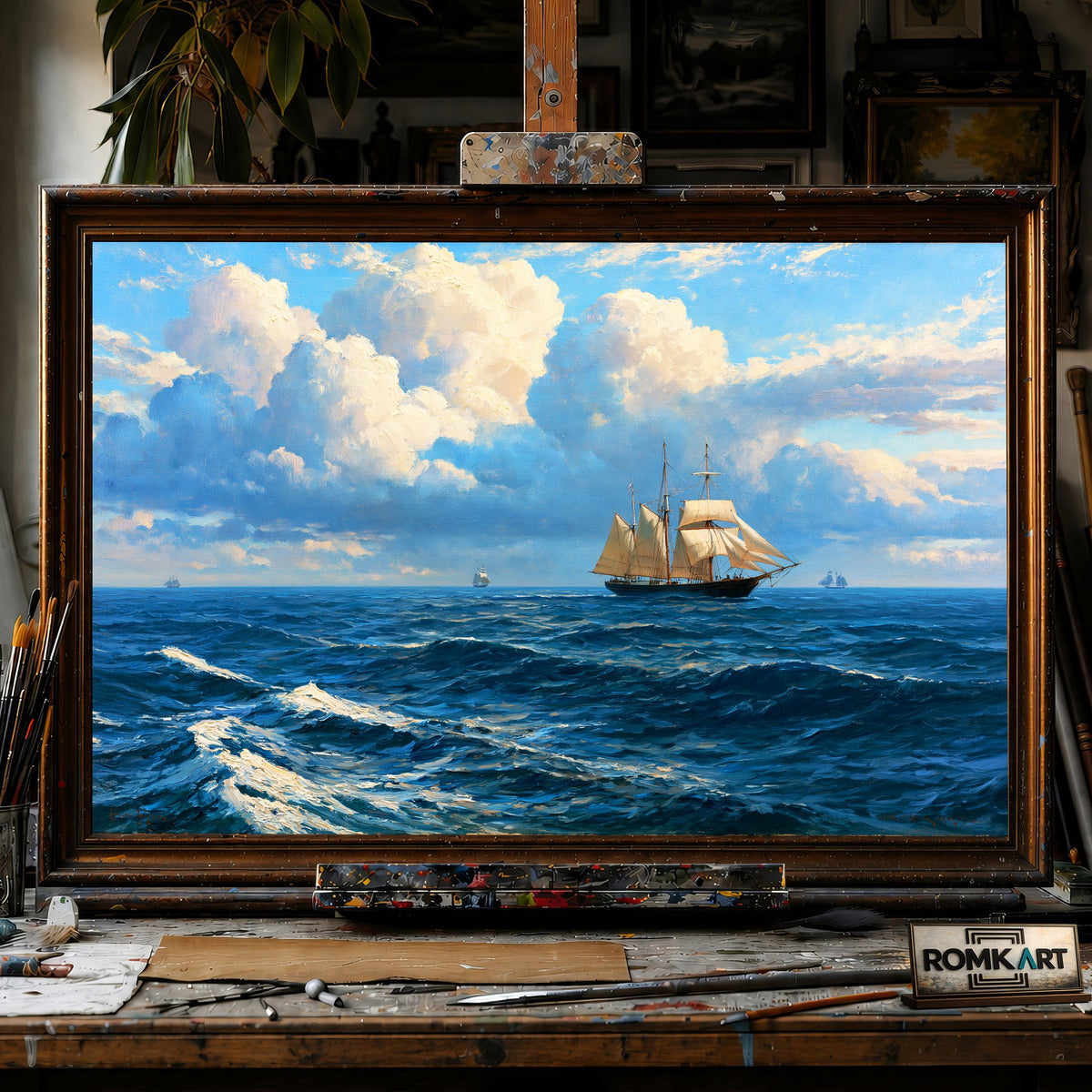 Sailing Ship in Summer Ocean - Hand-Painted Oil Painting - View 1