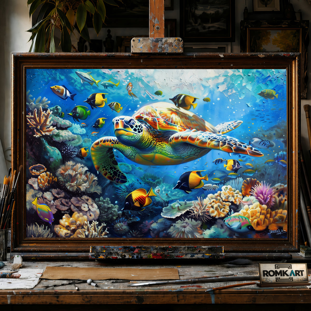 Sea Turtle and Underwater landscape hand-painted oil painting on canvas