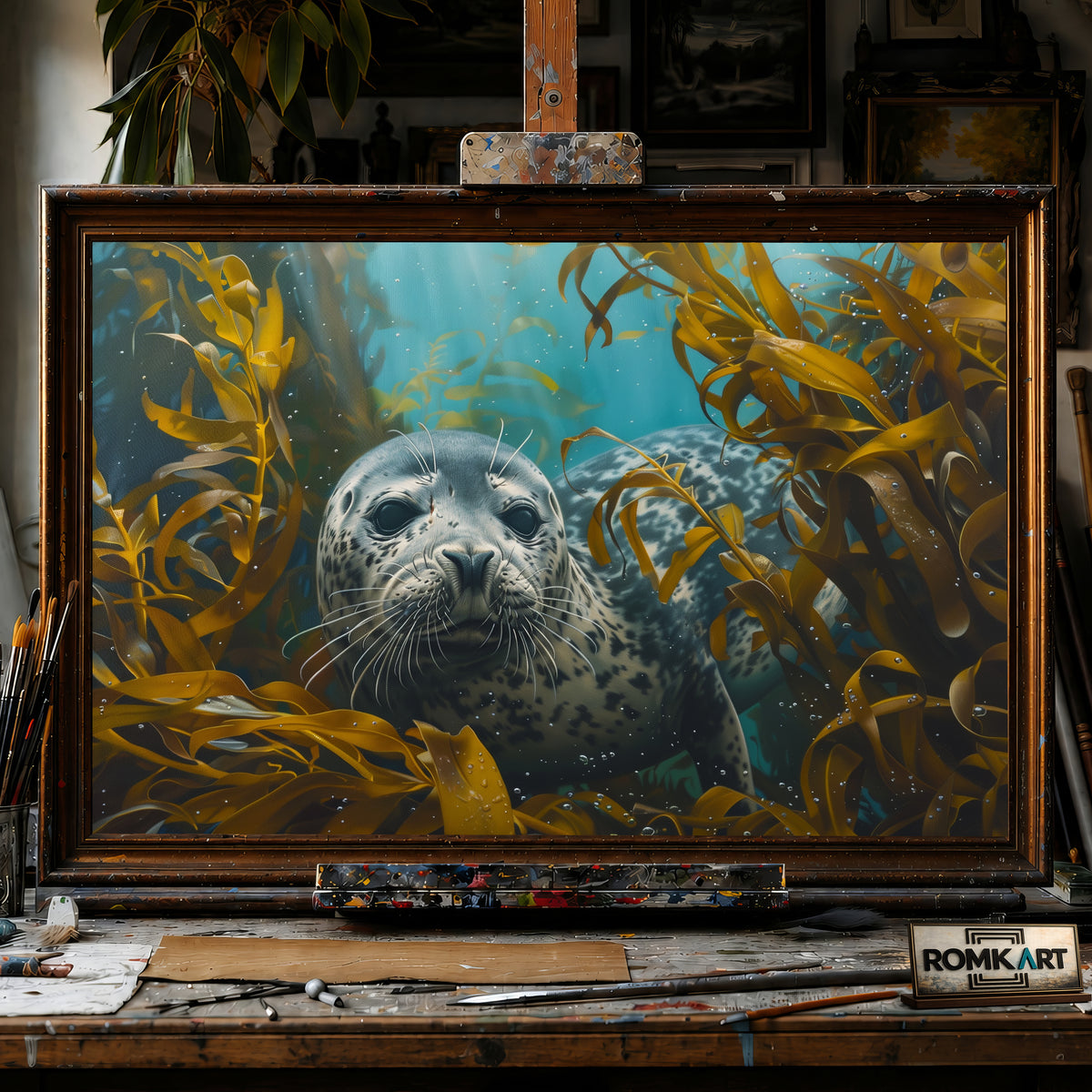 Seal Underwater Kelp Forest hand-painted oil painting on canvas