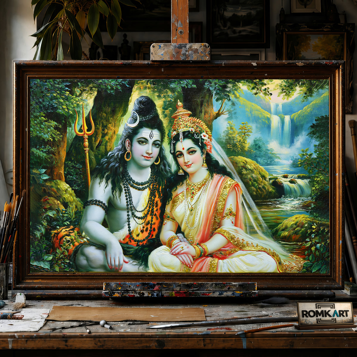Shiva and Parvati Lord hand-painted oil painting on canvas