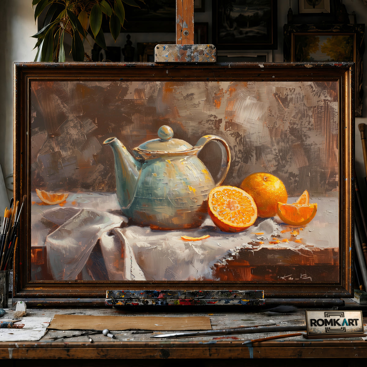 Teapot and sliced Orange Still Life Oil Painting