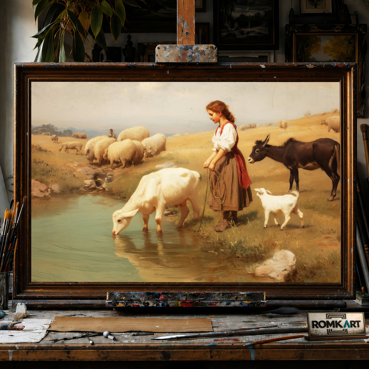 The Girl Watering Her Cow hand-painted oil painting on canvas