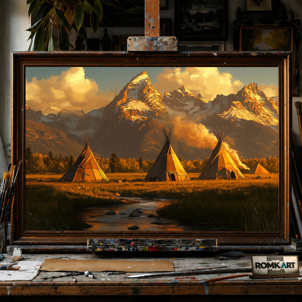 Tipi and Grand Teton mountain hand-painted oil painting on canvas