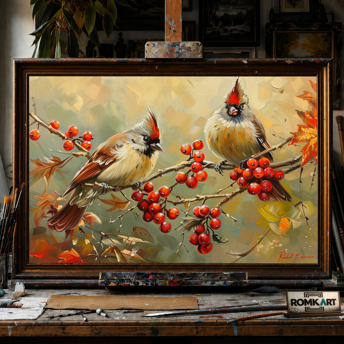 Two Birds perched on Red Berries hand-painted oil painting on canvas