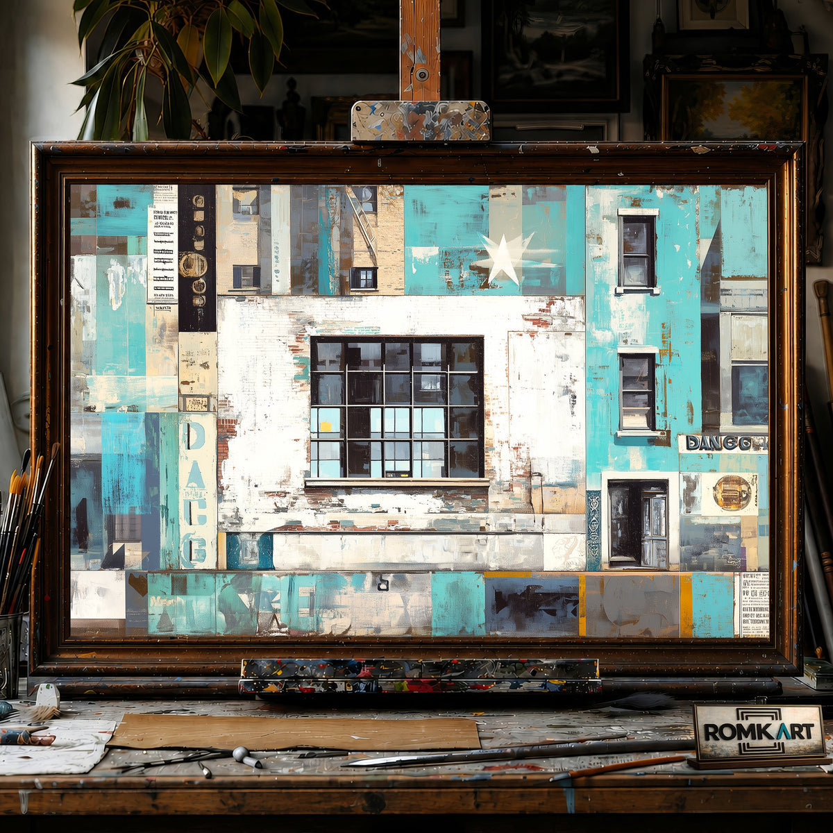 Urban Collage - Hand-Painted Oil Painting - View 1