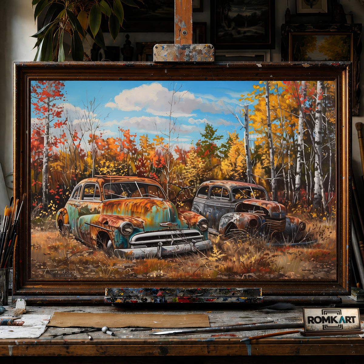 Vintage Abandoned Car Automotive Oil Painting