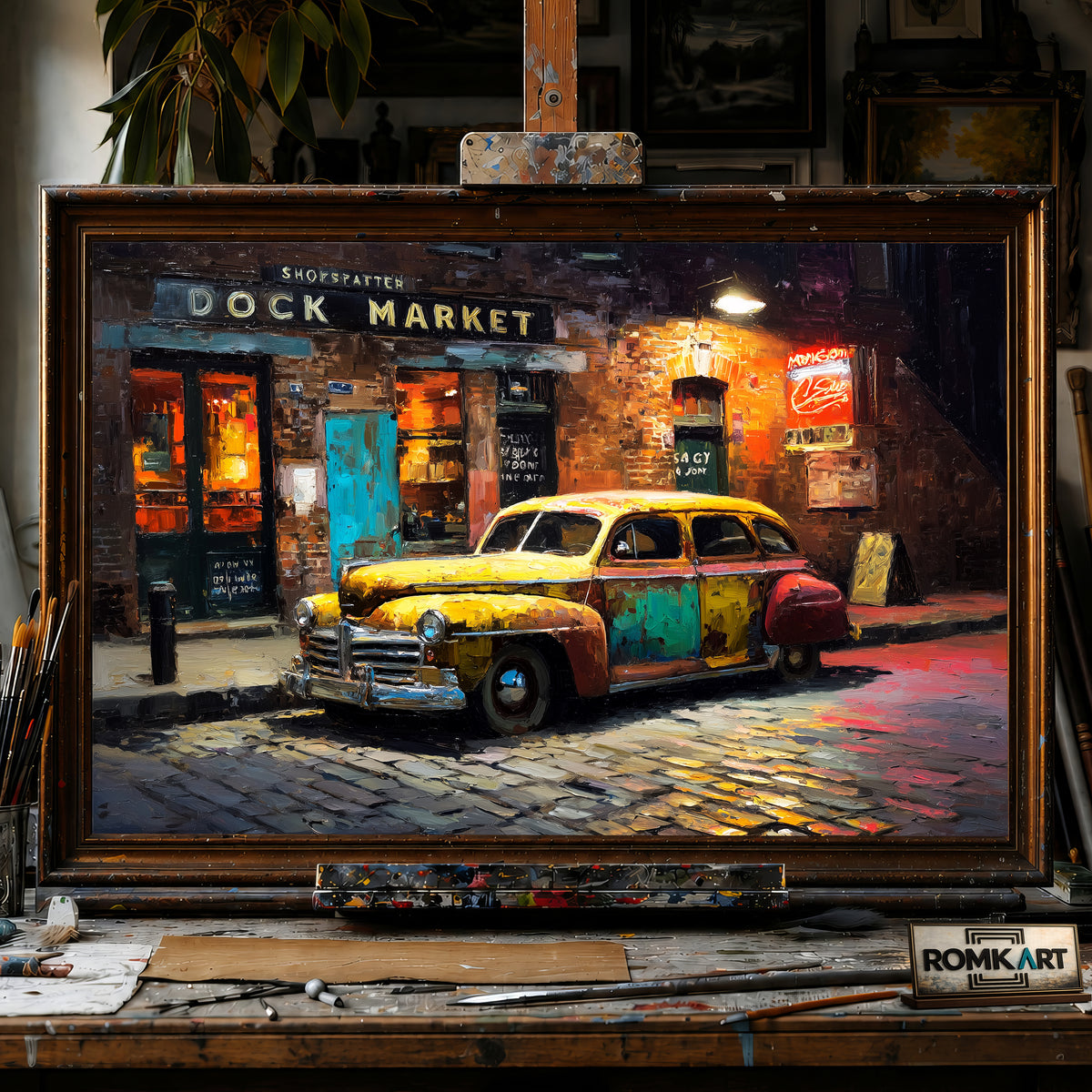 Vintage Car Cobblestone Street Automotive Oil Painting