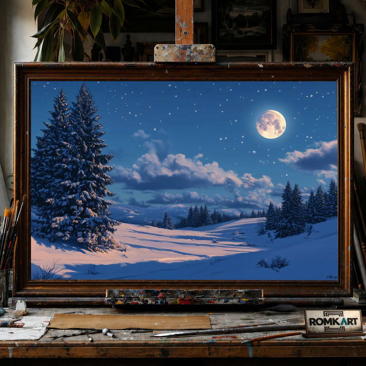 Winter Night Full Moon hand-painted oil painting on canvas