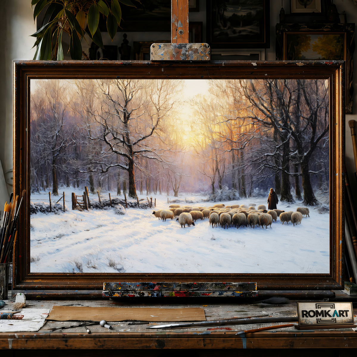 Winter Pastora at Golden Hour hand-painted oil painting on canvas