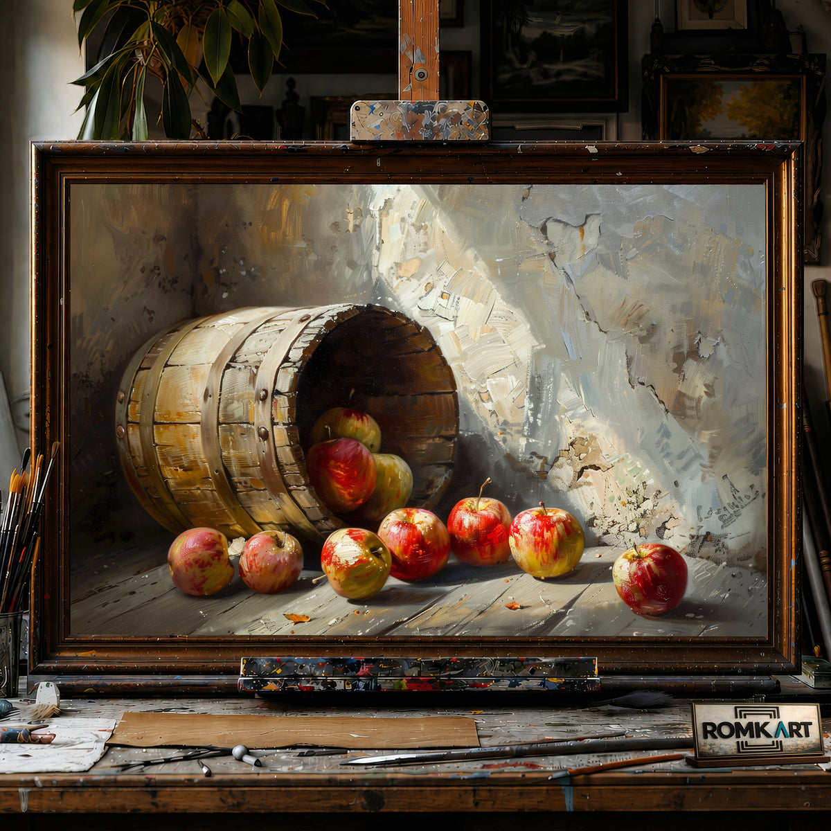 Wooden Bucket Apple hand-painted oil painting on canvas
