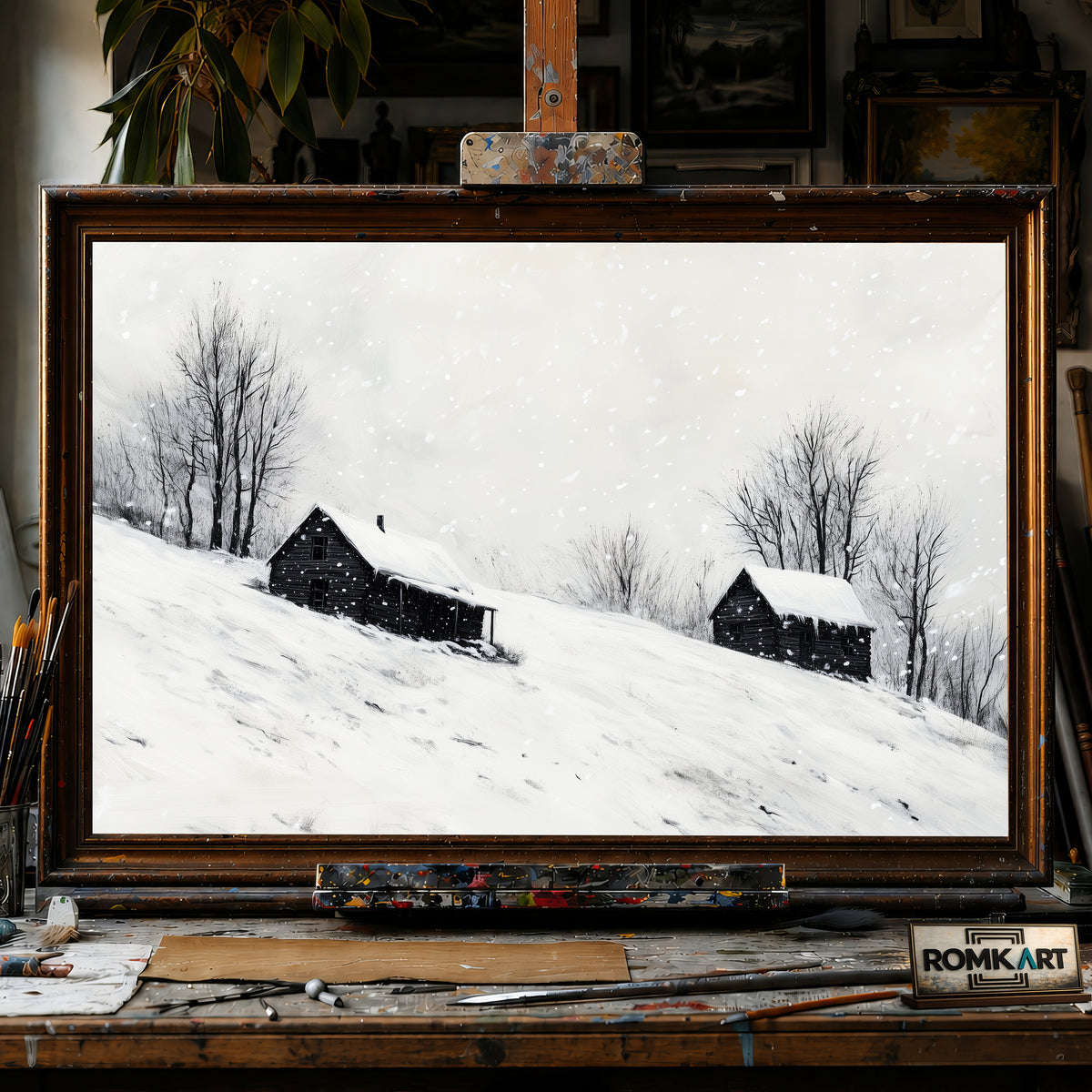 Wooden Cabins on Snow hand-painted oil painting on canvas