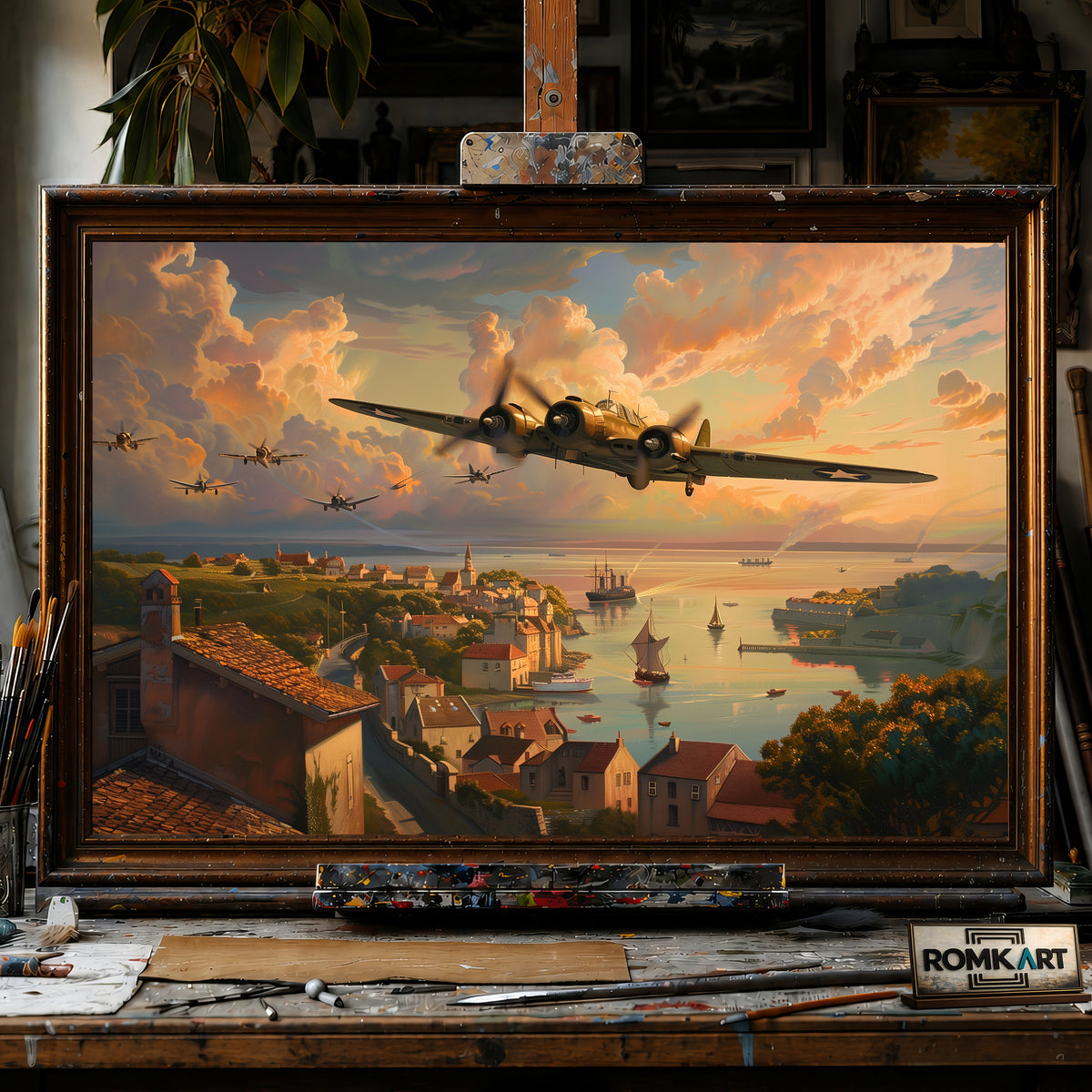 WWII Aircraft on Village hand-painted oil painting on canvas