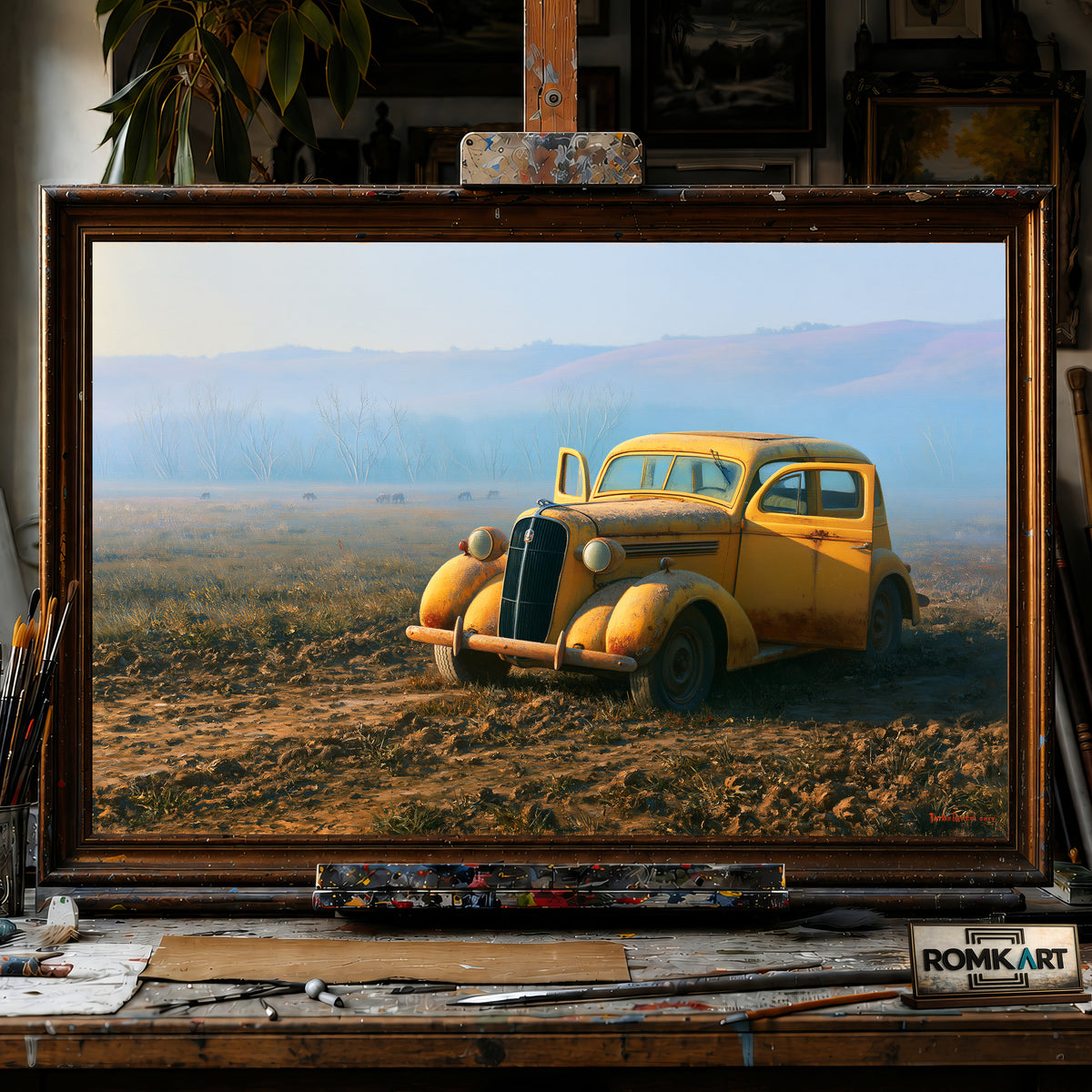 Yellow Vintage Car Automotive Oil Painting