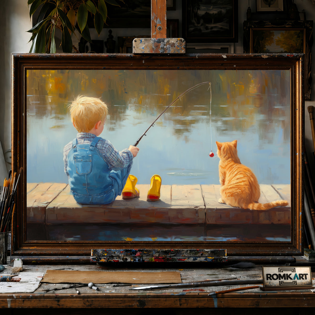 Young Boy and Cat Fishing Sports Oil Painting