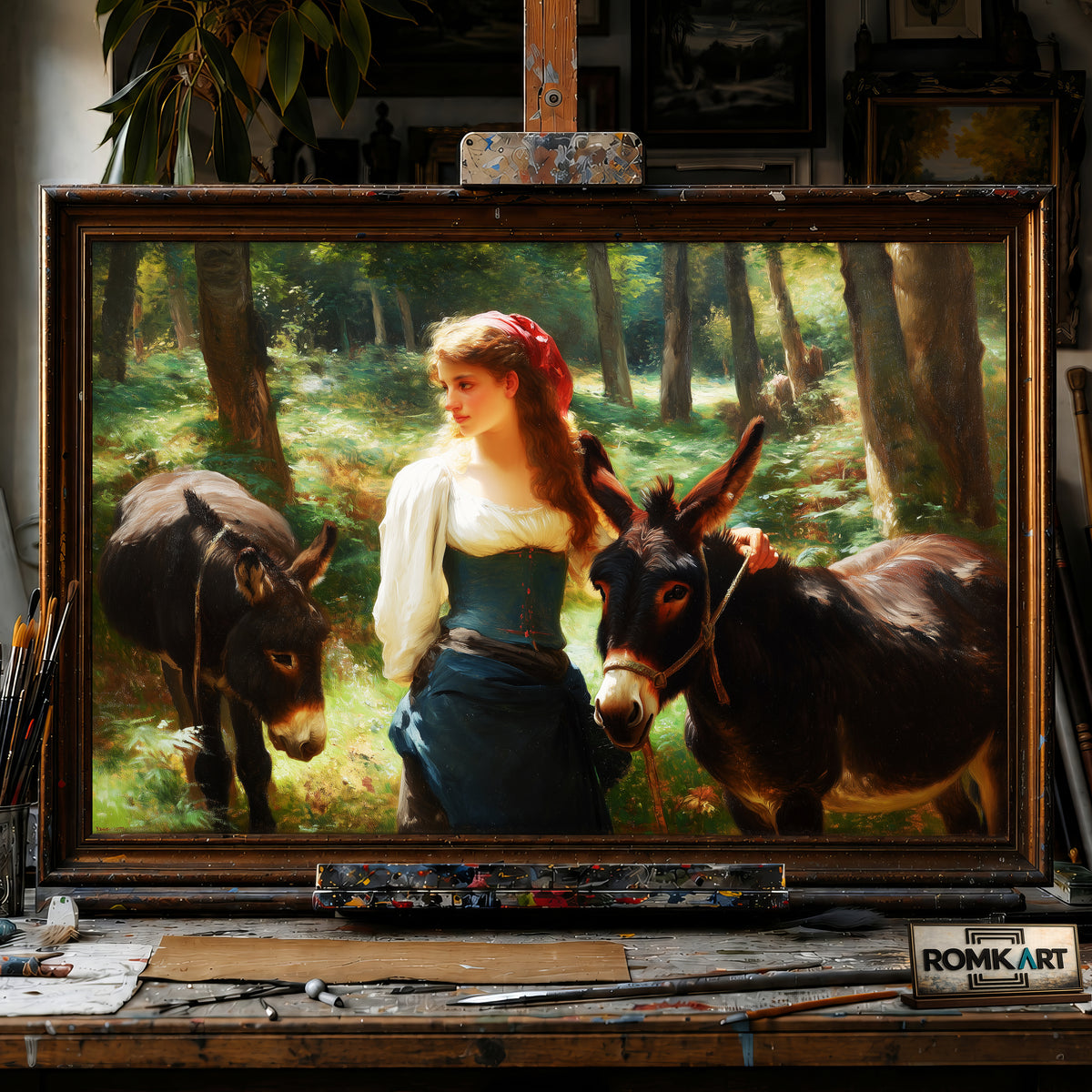Young Woman Two Donkeys hand-painted oil painting on canvas
