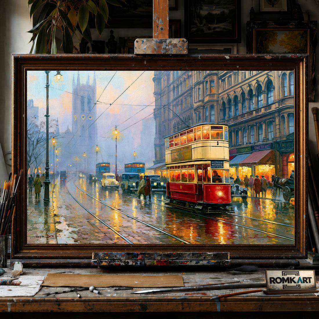 1930s British City Street hand-painted oil painting on canvas