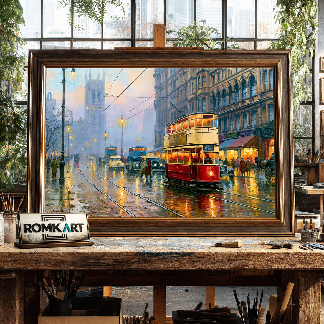 1930s British City Street hand-painted oil painting on canvas