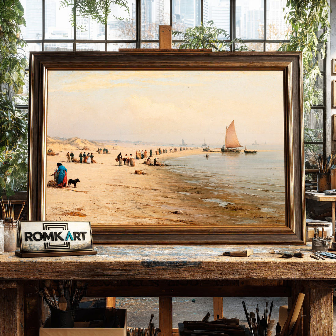 19th Century Coastal Beach Fishermen and Boats - Hand-Painted Oil Painting - View 1