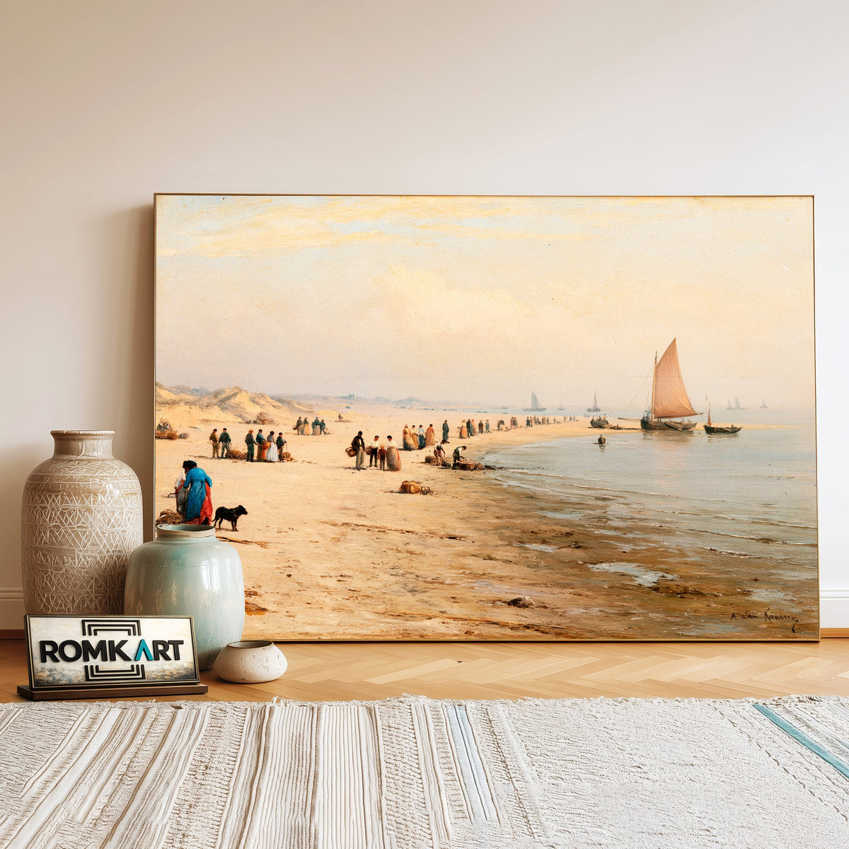 19Th Century Coastal Beach Fishermen And Boats Oil Painting - image 3