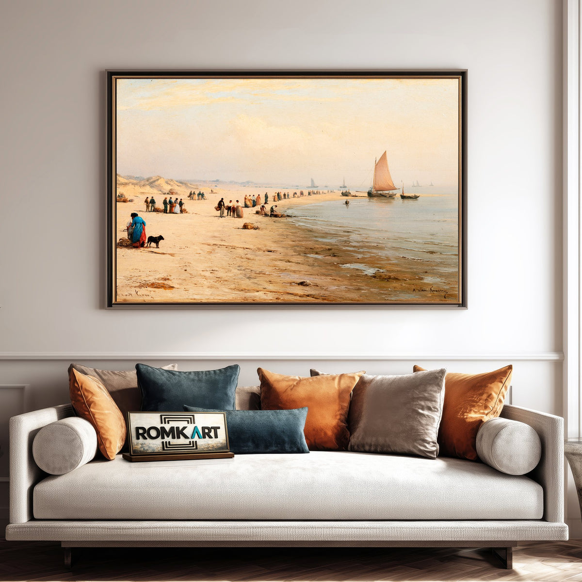 19Th Century Coastal Beach Fishermen And Boats Oil Painting - image 4
