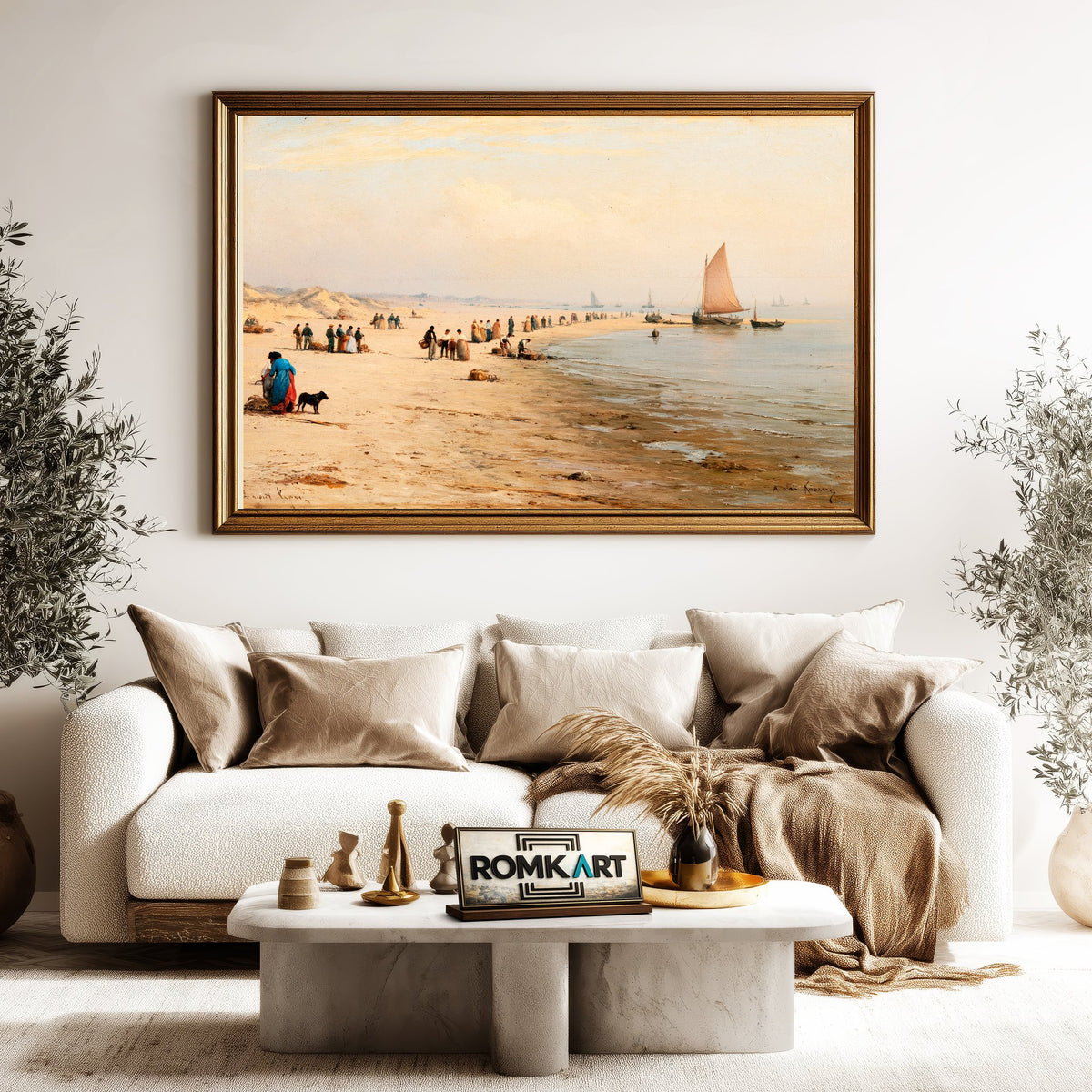 19Th Century Coastal Beach Fishermen And Boats Oil Painting - image 5