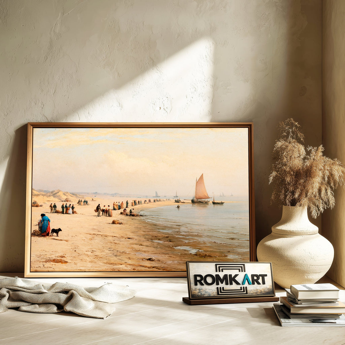 19Th Century Coastal Beach Fishermen And Boats Oil Painting - image 6