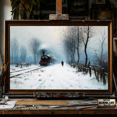 19th Century Europe Steam Locomotive Railroad Oil Painting