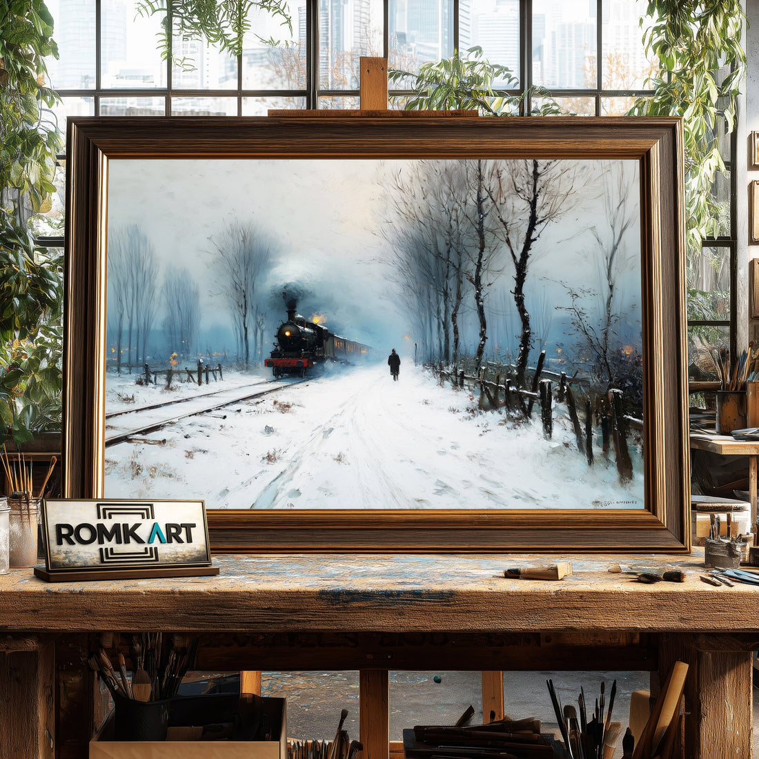 19th Century Europe Steam Locomotive Railroad Oil Painting