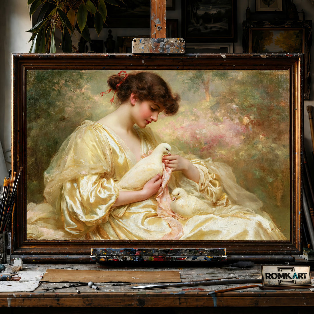 19th Century French Woman and White Dove - Hand-Painted Oil Painting - View 1
