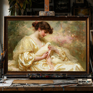 19th Century French Woman and White Dove - Hand-Painted Oil Painting - View 1
