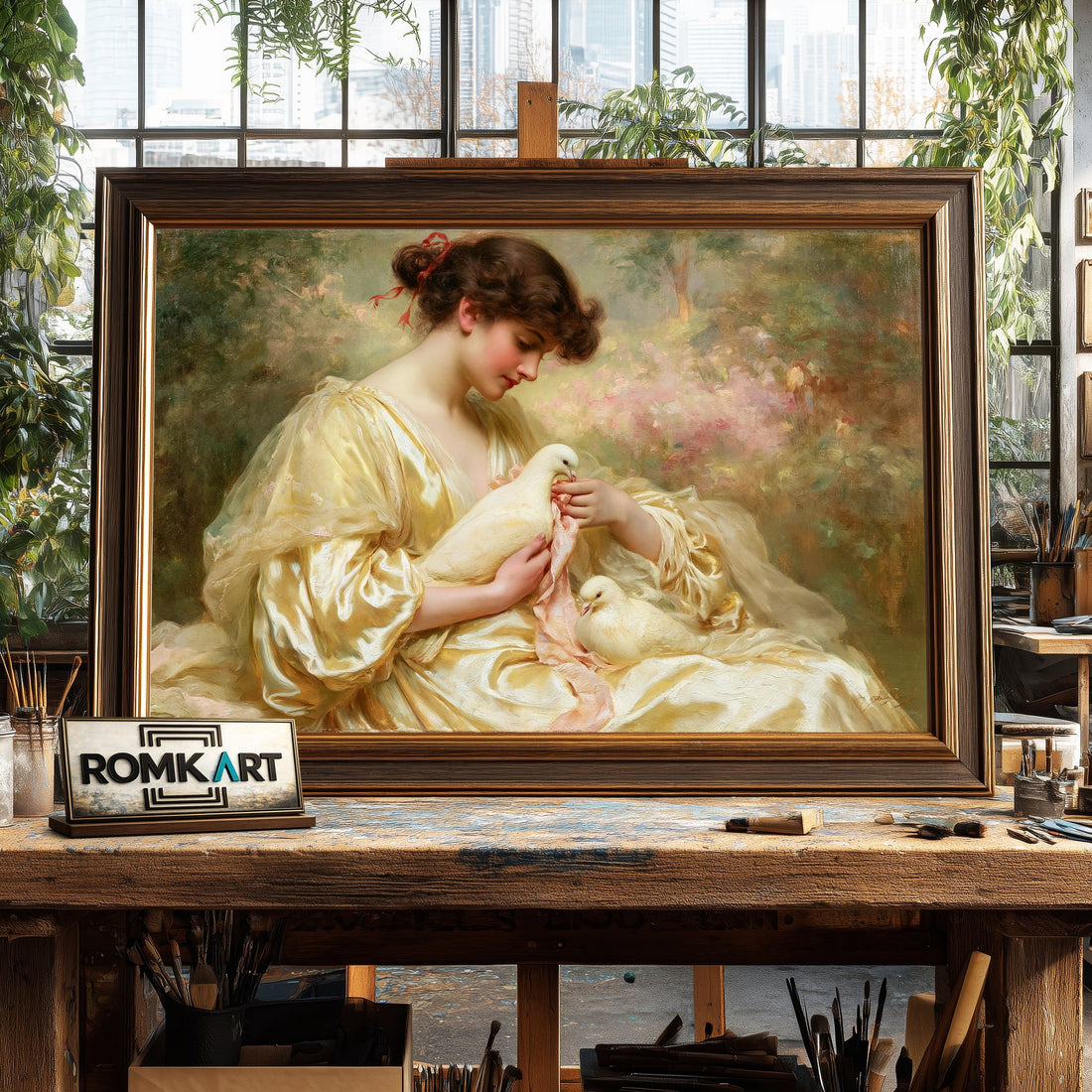 19th Century French Woman and White Dove - Hand-Painted Oil Painting - View 1