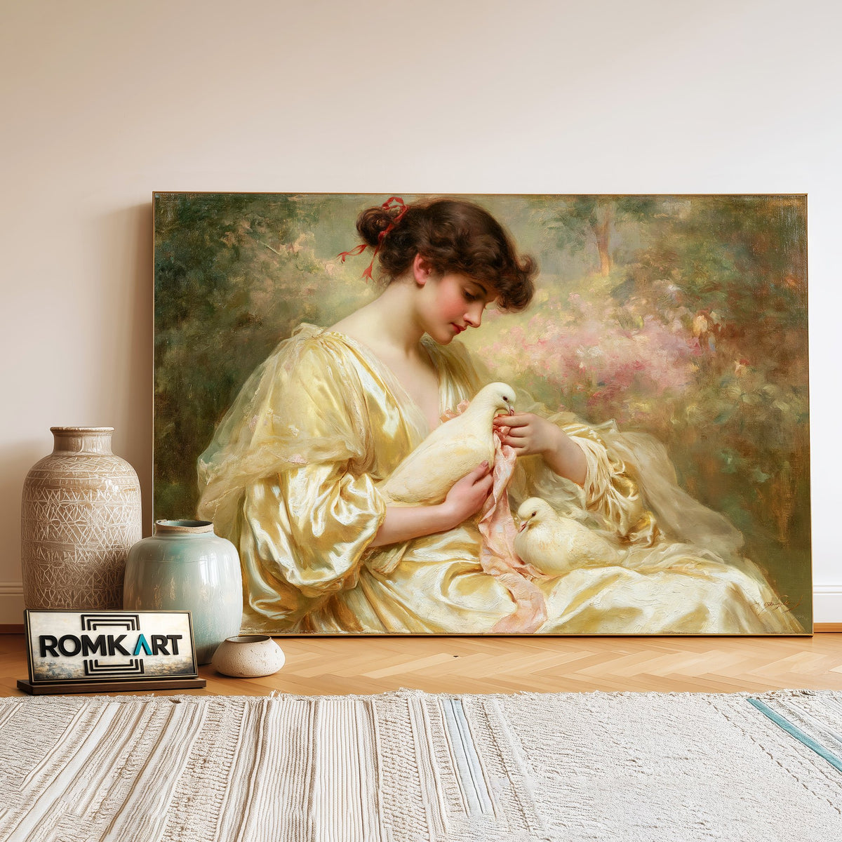 19Th Century French Woman And White Dove Oil Painting - image 3