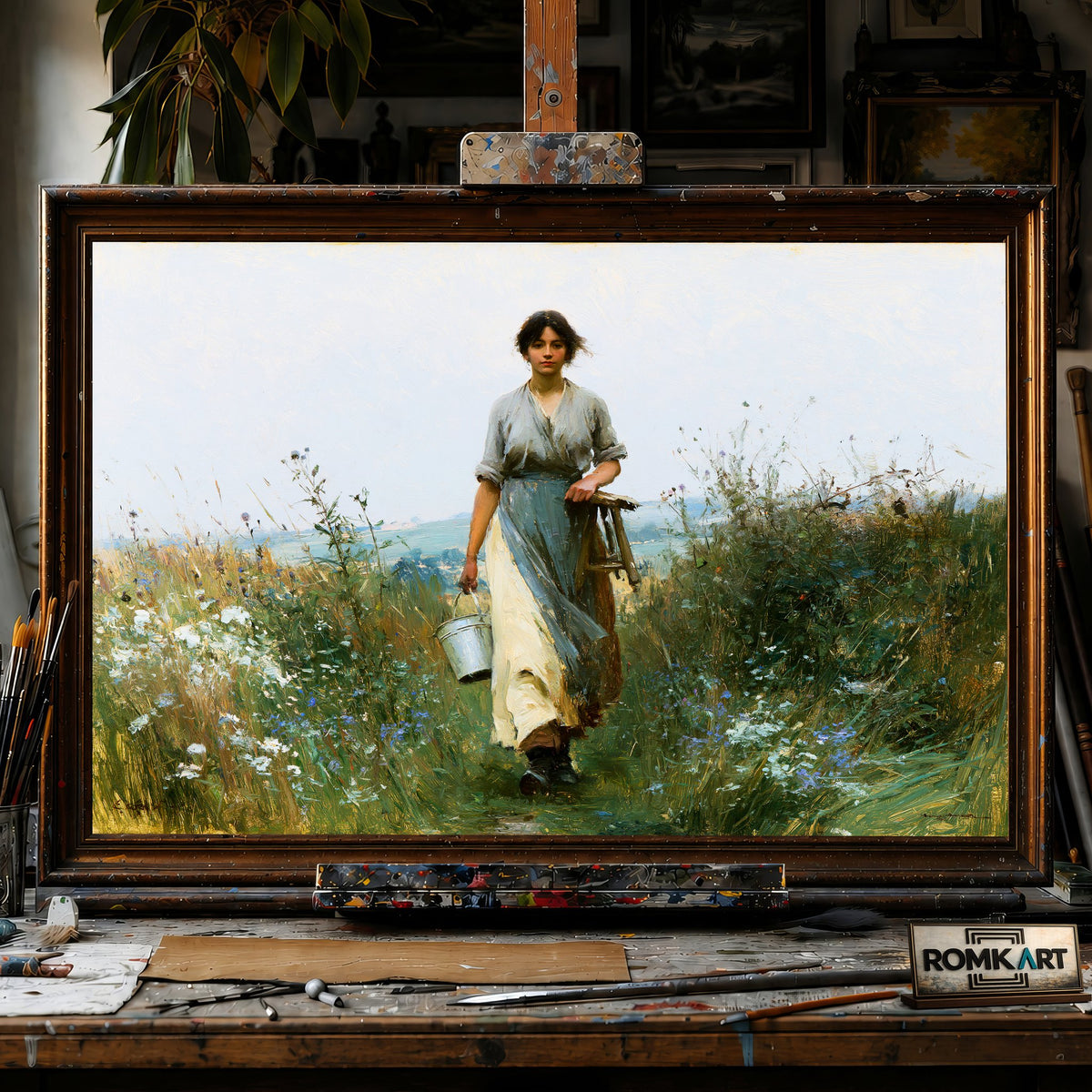 19th Century Milkmaid - Hand-Painted Oil Painting - View 1