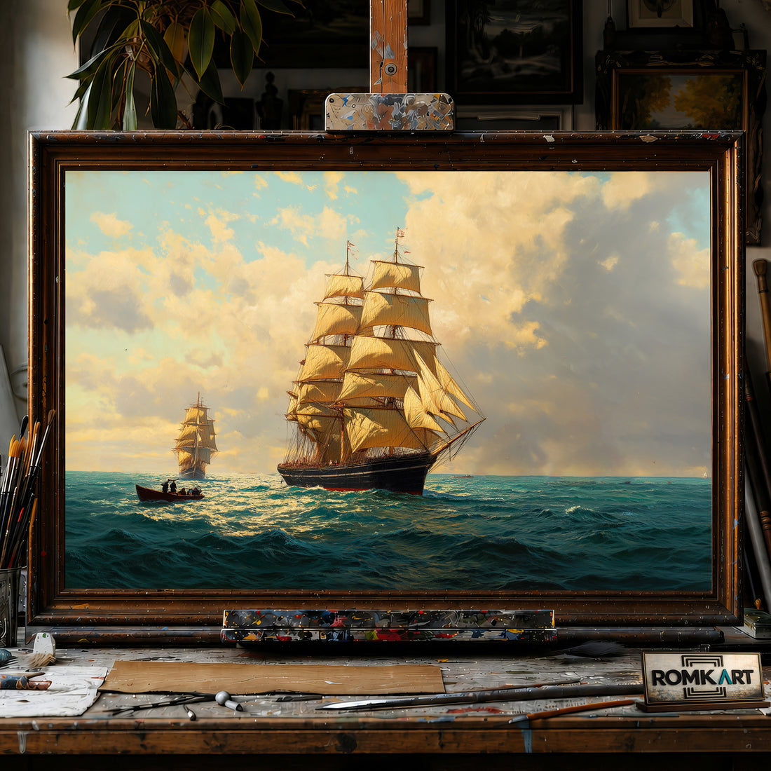 19th-Century Sailing Ships Maritime Oil Painting