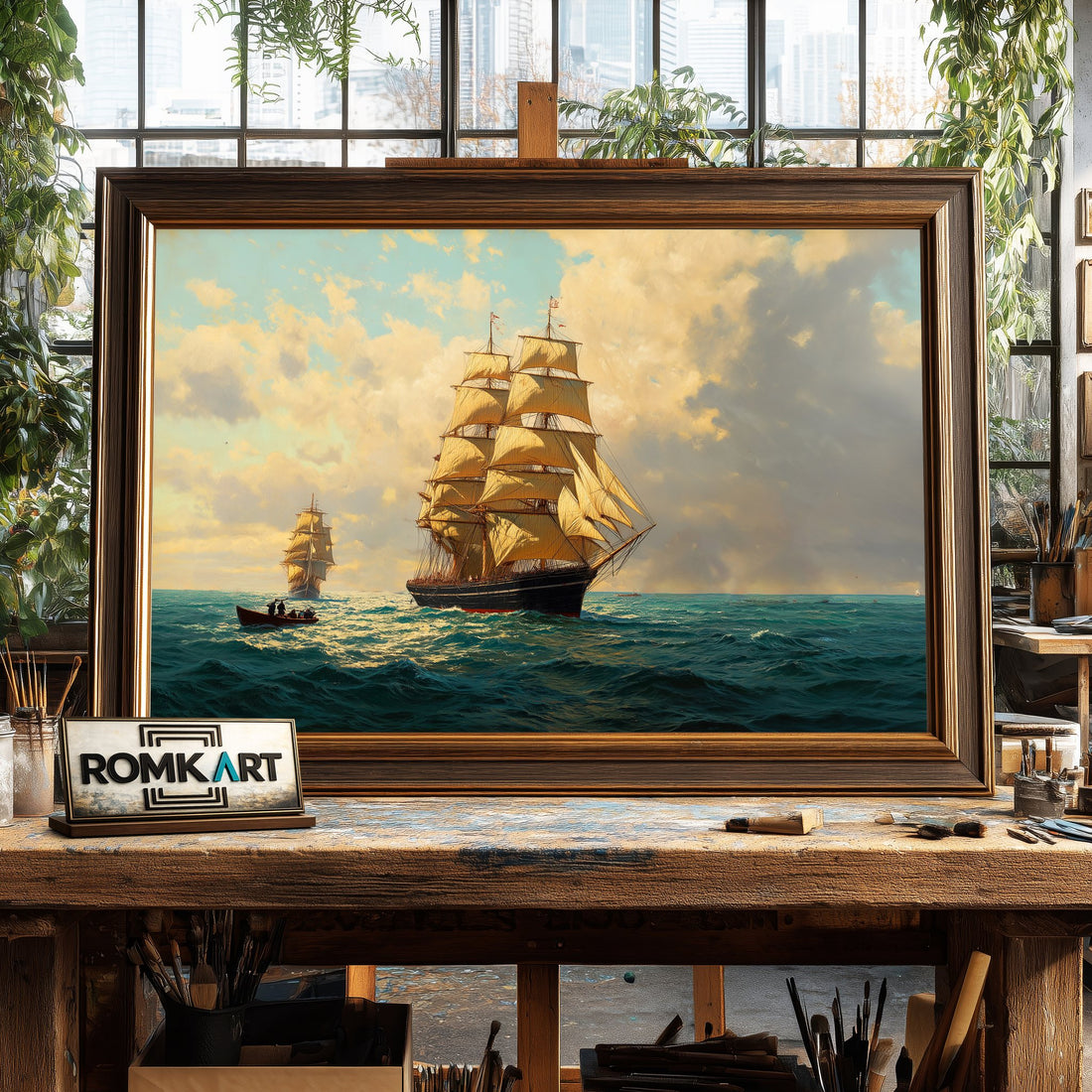 19th-Century Sailing Ships Maritime Oil Painting