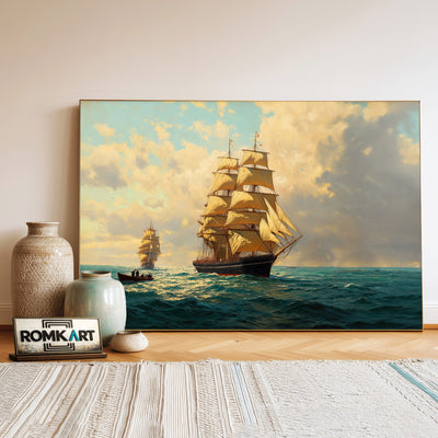 19th-Century Sailing Ships Maritime Oil Painting - image 3
