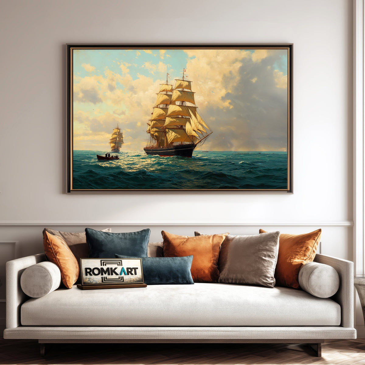 19th-Century Sailing Ships Maritime Oil Painting - image 4