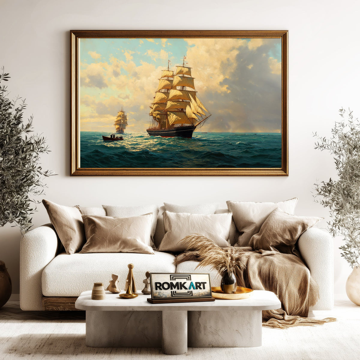 19th-Century Sailing Ships Maritime Oil Painting - image 5