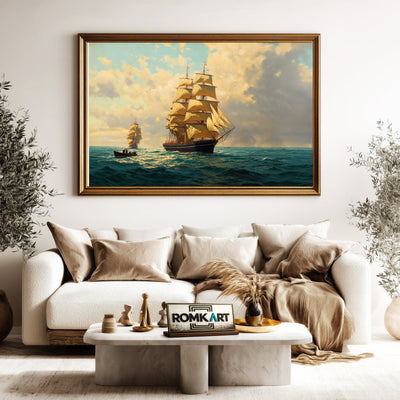 19th-Century Sailing Ships Maritime Oil Painting - image 5