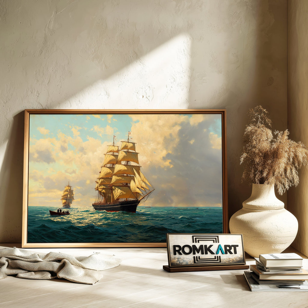 19th-Century Sailing Ships Maritime Oil Painting - image 6