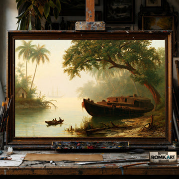 19th Century Tropical River landscape - Hand-Painted Oil Painting - View 1