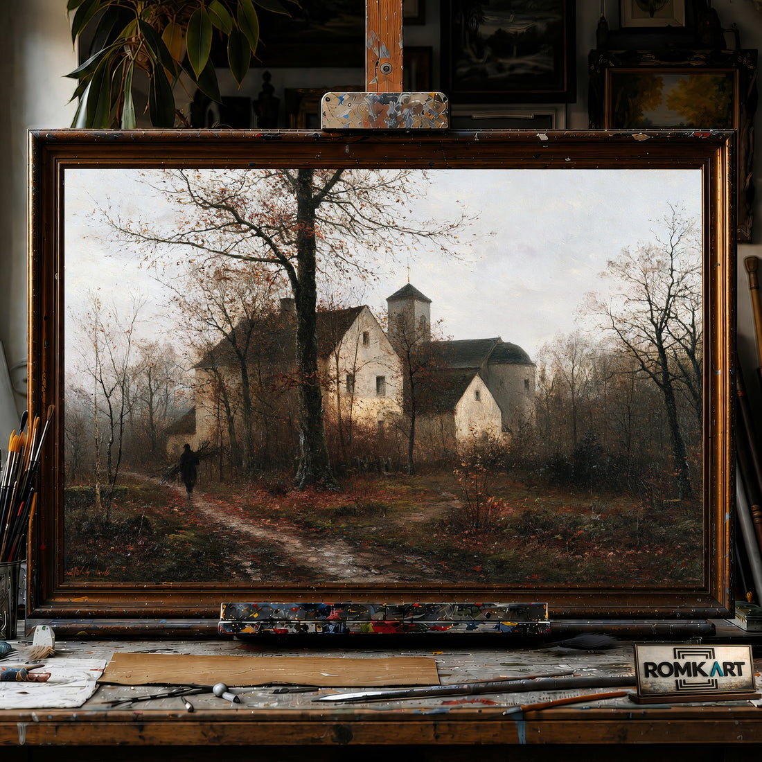 Abandoned Parsonage in Late Autumn - Hand-Painted Oil Painting - View 1
