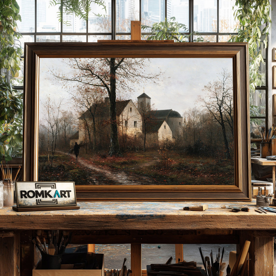 Abandoned Parsonage in Late Autumn - Hand-Painted Oil Painting - View 1