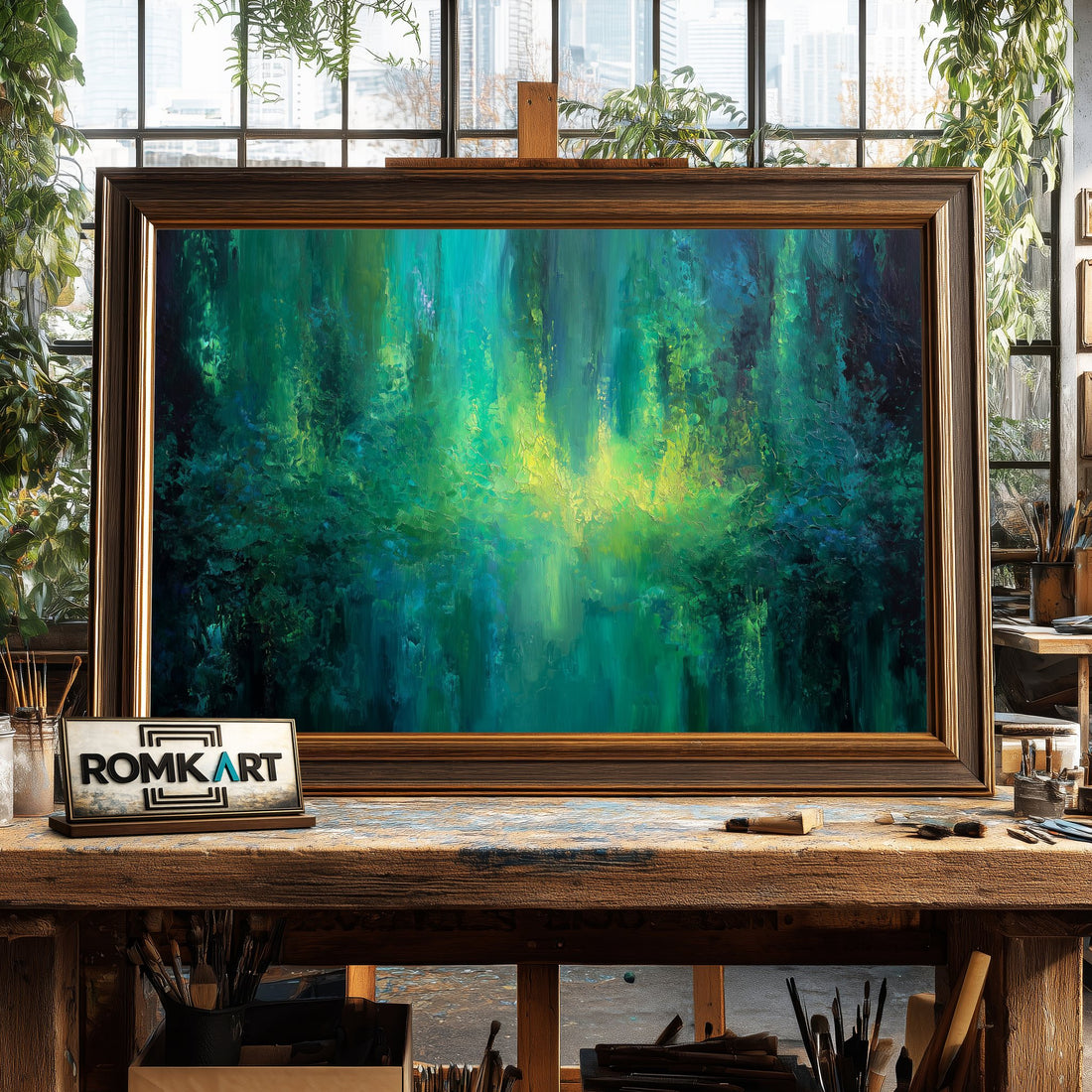 Abstract Expressionist Emerald Green hand-painted oil painting on canvas