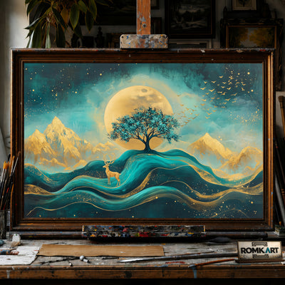 Abstract Teal and Gold Deer hand-painted oil painting on canvas